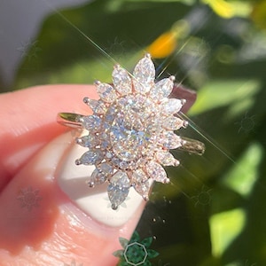 Star Burst Halo Oval Moissanite Diamond Sterling Silver Engagement Ring with Floating Marquise Cut Center Diamond 10K Rose Gold Wedding Ring