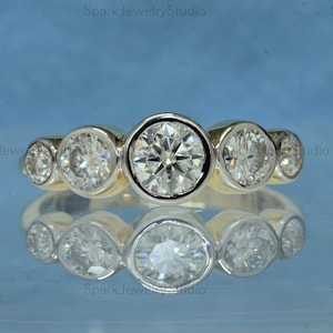 Two Tone Five Stone Moissanite Engagement Ring: Bezel Set Bridal Ring