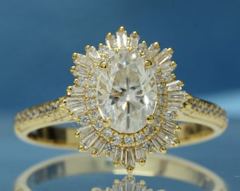 Star Burst Halo Oval Moissanite Engagement Ring, Cathedral Style 18K Solid Yellow Gold Ring, With Floating Tapered Baguette Wedding Ring.