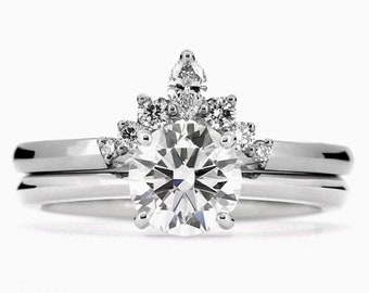 Conjunto de anillo de boda de diamantes de oro macizo de 14K- Anillo de moissanita solitario- Anillo promesa de compromiso de oro sólido anillo- anillo nupcial set- delicado diamante Ri