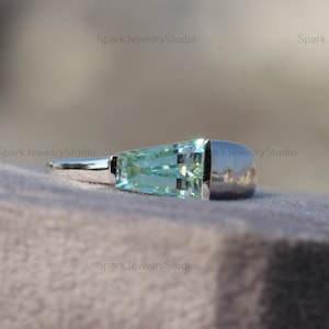 Tapered Baguette Lab Created Green Moissanite Engagement Ring, Tension Setting Moissanite Engagement Ring, Freeform Style Unique Ring.