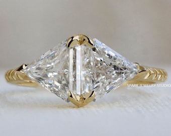 Custom Made Double Triangle Cut Diamond Engagement Ring Made in 14K Solid Yellow Gold Gift For Her, Anniversary Gift for Women, Wedding Ring