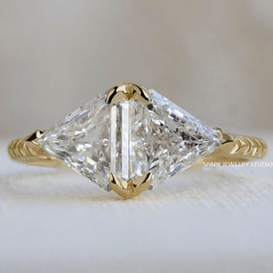 Custom Made Double Triangle Cut Diamond Engagement Ring Made in 14K Solid Yellow Gold Gift For Her, Anniversary Gift for Women, Wedding Ring