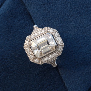 Art Deco Emerald Cut Moissanite Ring: 14K White Gold Engagement Ring
