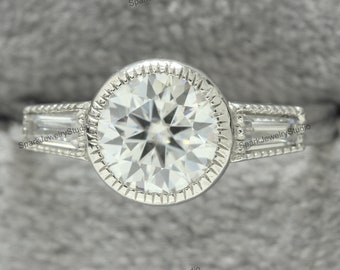 Engagement Ring Round Bezel Set 1 CT Brilliant Round Cut Moissanite Ring Made with 10K Solid White Gold, Gift For Her