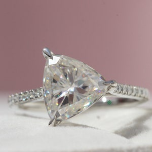 Trillion Cut Solitaire Engagement Ring, 14k Solid White Gold Cathedral Set Wedding Ring, Unique Accent Stone Set Bridal Ring For Women