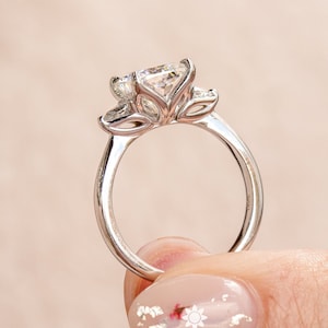 Tulip Setting Cushion Cut Three Stone Engagement Ring 2.5CT Moissanite Diamond Sterling Silver / Gold Wedding Ring Pear Cut Side Stone Ring