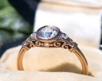 Minimalist Vintage Round Moissanite Sterling Silver Engagement Ring Art Deco Ring Rose Gold Colorless VVS Clarity Diamond Wedding Ring