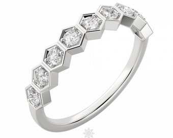 Moissanite Diamond Wedding Band: 14K White Gold Hexagon Ring
