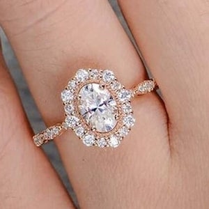 2 CT Oval Moissanite Halo Engagement Ring: 14K Rose Gold Wedding Promise Ring