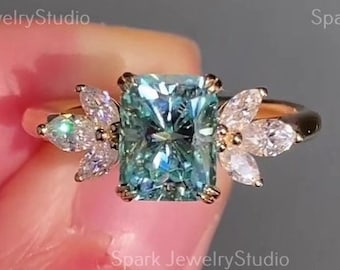 Clay Green Radiant Cut Moissanite Engagement Ring, 14K Solid Yellow Gold Art Deco Ring, Gift for Her Anniversary Ring.