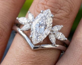 Marquise Cut Moissanite Cluater Engagement Ring Set, 14k White Gold Chevron V-Band