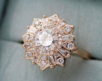 Star Burst 1CT Round Cut Moissanite Diamond in Prong Setting With Tapered Baguette Diamonds Made With Sterling Silver And Solid Gold