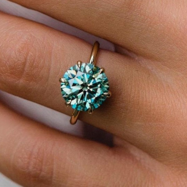Anillo de compromiso con halo oculto de moissanita con solitario azul cian para ella, regalo de anillo de promesa de oro de 10 quilates con diamantes redondos para mujeres, regalo de aniversario
