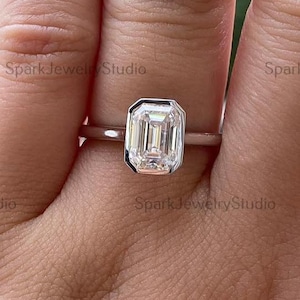 Emerald Cut Moissanite Bezel Set Engagement Ring, 925 Sterling Silver Solitaire Ring For Women