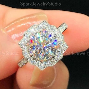 Unique Halo Brilliant Round Cut Moissanite Wedding Ring,Cathedral Style 14K Solid White Gold Ring For Women,Art Deco Engagement Ring For Her