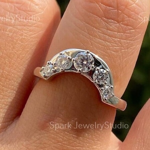 Five Stone Round Cut  Moissanite Engagement Band, Half Moon Shap Moissanite Unique Band For Women, Anniversary Gift Band For Her.