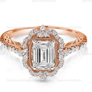Smaragd geslepen halo-ring: diamantsimulant van 2 kt CZ, sterlingzilver