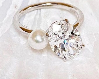 Oval Lab Grown Diamond Toi et Moi Ring, 14K White Gold Engagement Ring