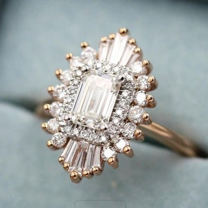 Sun Burst Halo Emerald Cut Moissanite Diamond Engagement Ring For Her in 18K Solid Yellow Gold