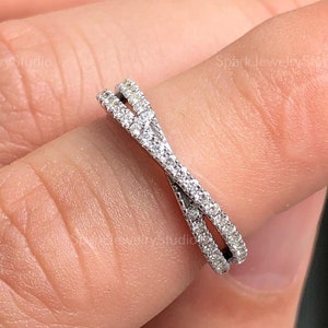 14K White Gold Half Eternity Cross Over Style Wedding Band, Round Moissanite Diamond Stacking Wedding Band, Minimalist Matching Band For Her