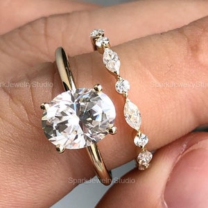 Oval Moissanite Solitaire Ring And Matching Band Set Made In 14K Solid Yellow Gold Gift For Her,  10K Gold Moissanite Bridal Ring Set