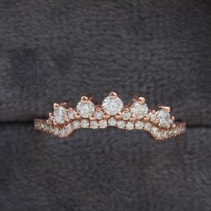 Art deco Diamond wedding Crown band |Vintage Round cluster moissanite matching Stacking Band | Half eternity band | Anniversary band