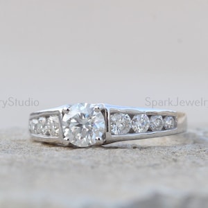 Channel Setting Round Cut Moissanite Engagement Ring, 18K Solid Sterling Silver Ring, Round Unique Anniversary Ring Gift For Her.