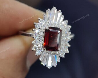 Sun Burst Halo Emerald Cut Red Garnet Center Stone Engagement Ring Made in Silver / Gold / Platinum, Garnet Wedding Ring Gift For Her