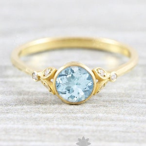 Vintage Aquamarine Stone 14K yellow gold small & dainty engagement ring, Blue Gemstone promise ring for her, Anniversary gift ring