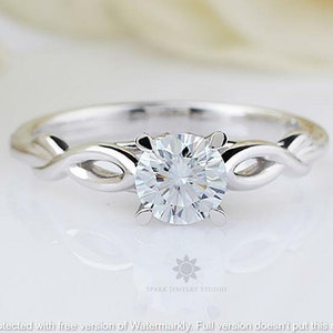 Twist Band Solitaire Round Stone Silver Engagement Ring 1CT Brilliant Round Cut Diamond 14K Solid Gold Freeform Shank Anniversary Ring