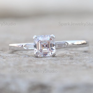 Antique Art Deco Platinum 1.25CT Asscher Cut Moissanite Solitaire / Straight Baguette Sides Engagement Promise Ring, Christmas Gift For Her