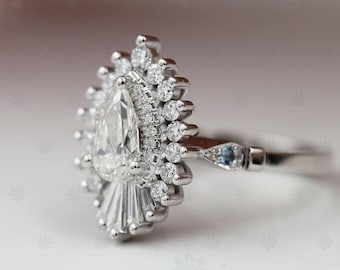 Star Burst Halo Pear Cut Moissanite 14K white Gold Engagement Ring Gift For Her, Wedding Ring, Anniversary Gift, Bridal Ring