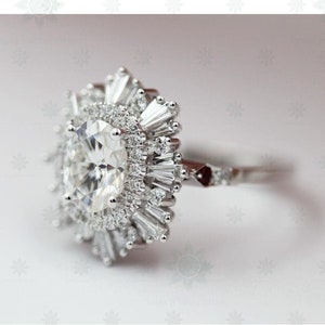 Star Burst Halo Oval Moissanite Diamond Engagement Ring For Her.