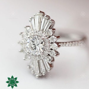 StarBurst Halo With Round Cut Moissanite Diamond With Sterling Silver Gold Engagement Ring For Women.