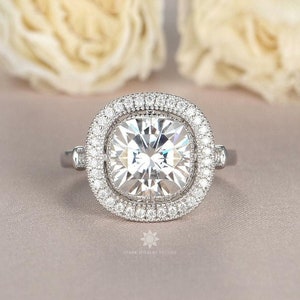 Halo Cushion Cut CZ Diamond Ring: 925 Silver, 10K Rose Gold Wedding Ring