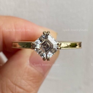 Art Deco Asscher Cut Solitaire Moissanite Engagement Ring, Double Claw Prong With Milgrain Pave Ring,  Vintage Women Ring Gift For Her.