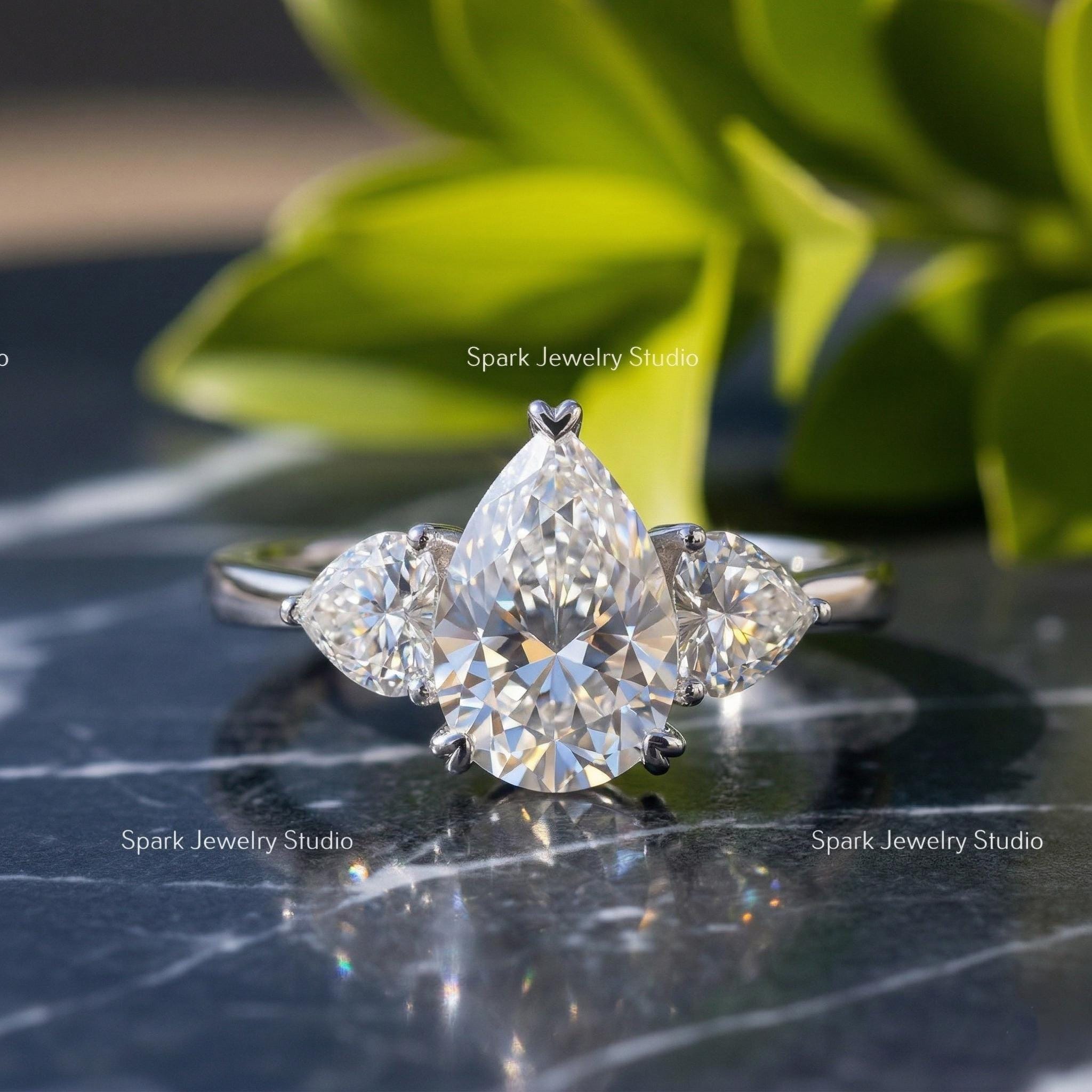 Pear Cut Moissanite Three Stone Engagement Ring: 14k White Gold With ...