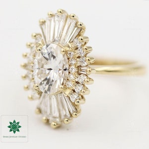 Starburst Halo Oval CUT Moissanite Diamond With Tapered Baguette and Round Diamonds Cocktail Ring For Her in 10K Solid Yellow Gold Band