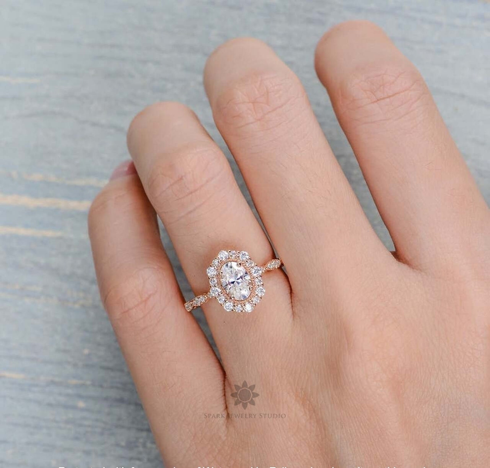 Oval Cluster Halo Engagement Ring Starburst Halo 1CT Oval Etsy