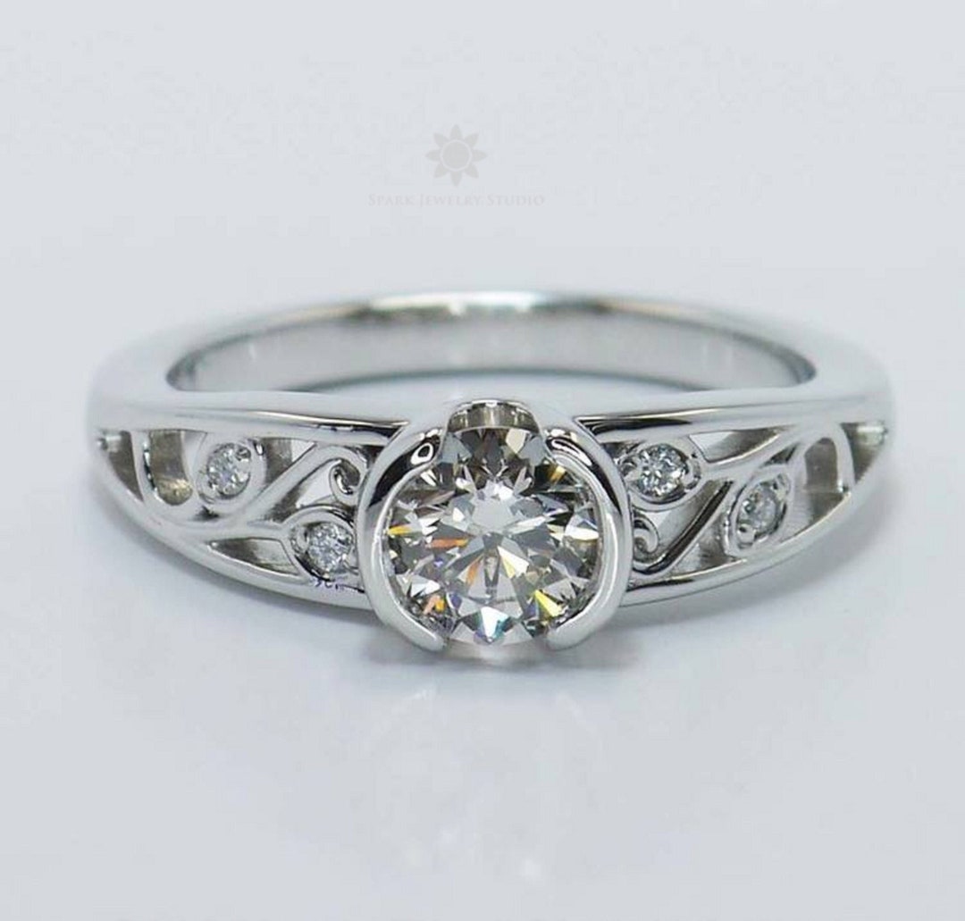 Round Cut Lab Grown Diamond Engagement Ring, 14K White Gold Filigree ...