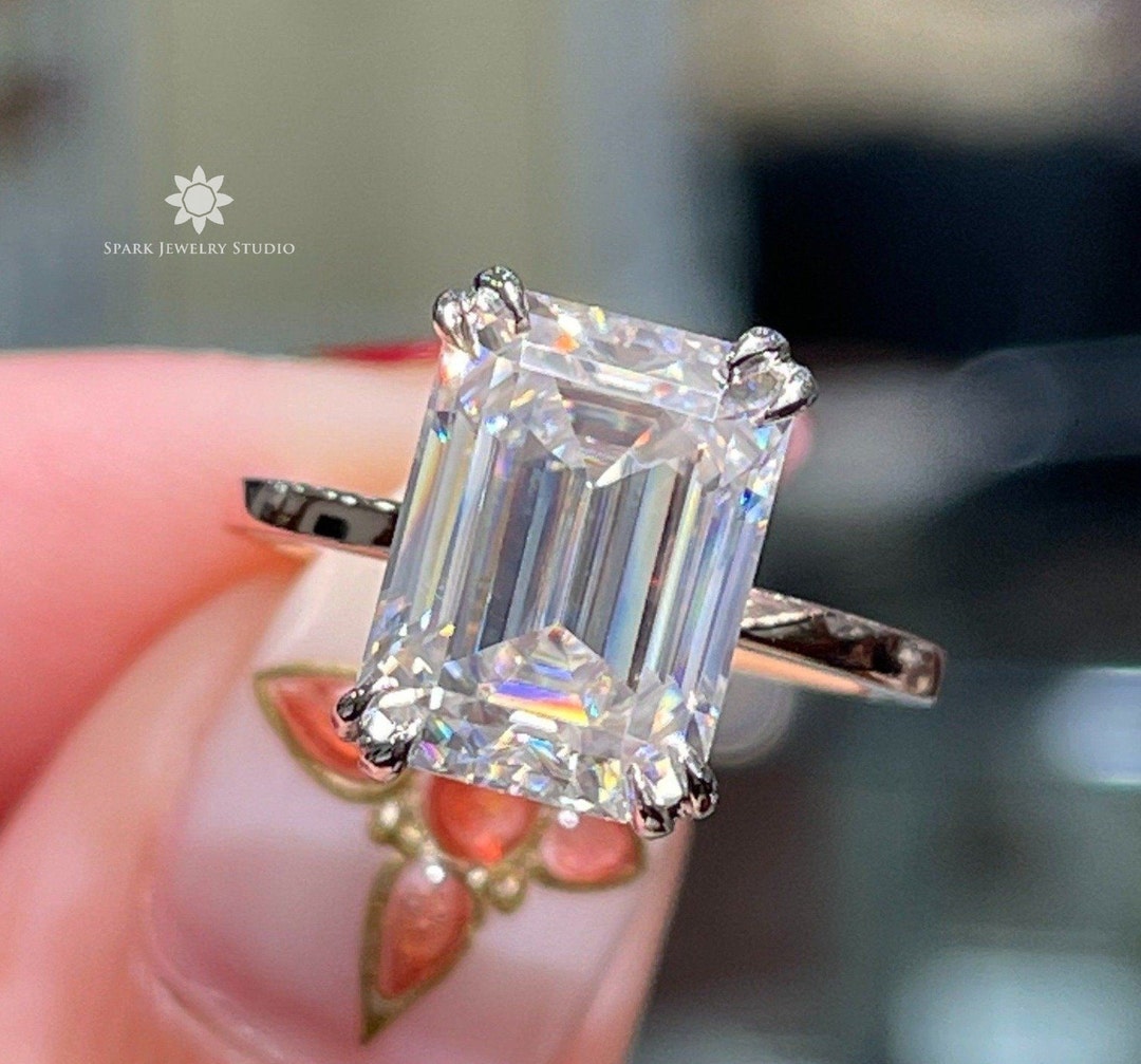 Emerald Cut Solitaire Moissanite Diamond Double Claw Four Prong