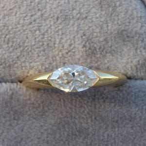 1CT Marquise Cut East West Moissanite Engagement Ring/ Unique Set Marquise Half-bezel Wedding Ring/ 14k Solid yellow Gold Moissanite Ring.