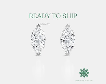Marquise Lab Diamond Stud Earrings: 14k White Gold
