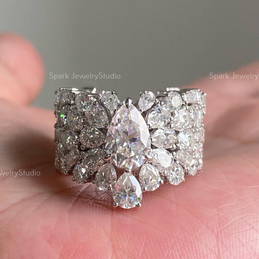 Victorian pear Moissanite Wedding Ring,14k White Gold budget, Pear, Round Moissanite Art Deco Ring For Women, Gift For Her.