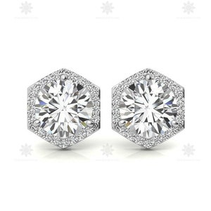 Hexagon Halo Round Diamonds Stud Earrings made In 10K White Gold Gift For Her, Sterling Silver Moissanite Diamond Stud Earrings