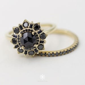 Gothic Starburst Ring With Black Rose Cut Diamond In 18K Slid Gold With Pave Stacking Band