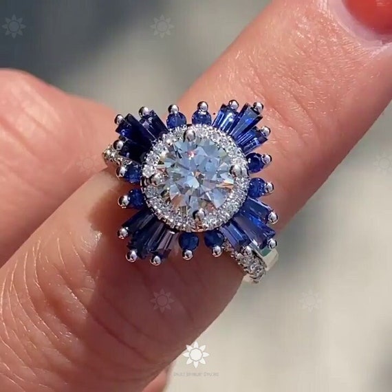 Starburst Ring Set With CZ Blue Sapphire Halo 1.3CT Round