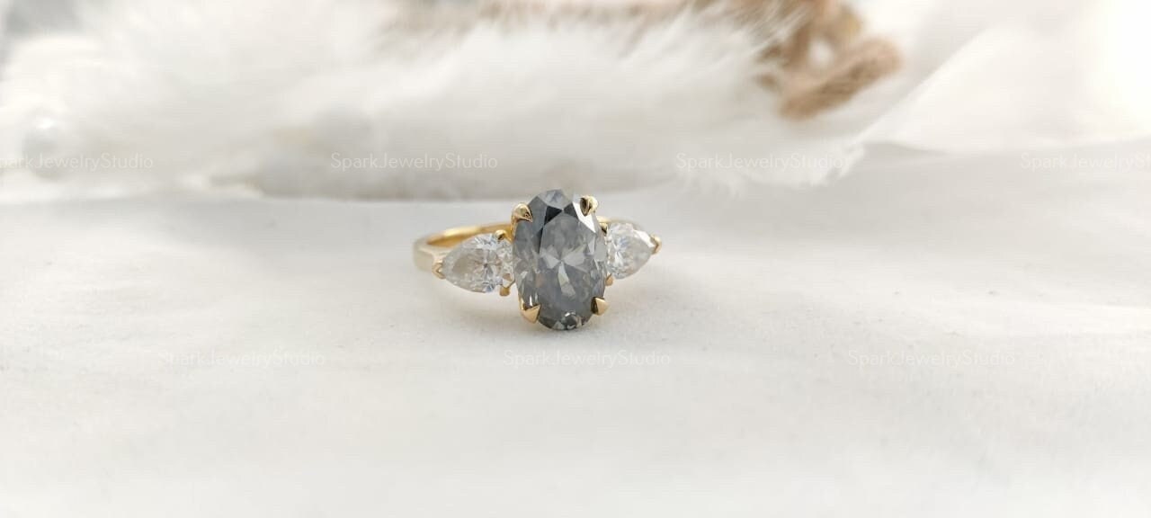 Dark Grey Oval Moissanite Tulip Setting Three Stone Engagement Ring In 10K Solid Yellow Gold, Three Stone Moissanite Wedding Ring For Her