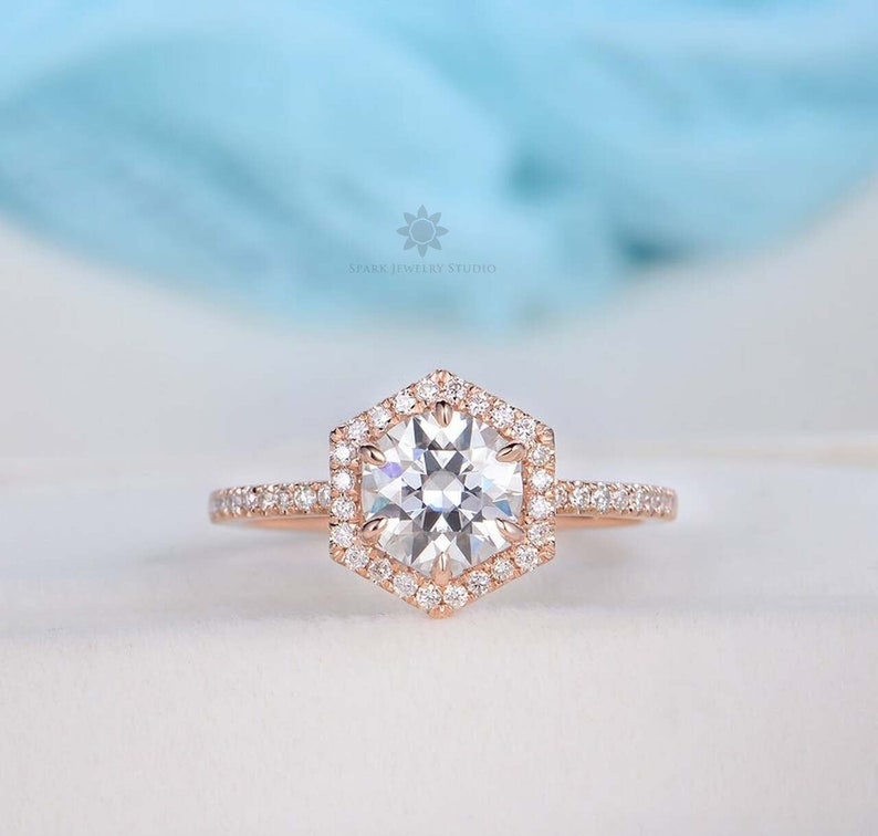 Hexagon Halo Round Cut Diamond Sterling Silver shops Engagement Ring 1CT Brilliant Cut Diamond 10K Rose Gold Cathedral Shank Wedding Ring For Her